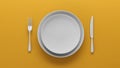 Top view of Empty two white ceramic plate set on yellow, 3D render Royalty Free Stock Photo