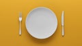 Top view of Empty white ceramic plate set on yellow, 3D render Royalty Free Stock Photo
