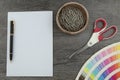 Top view of empty white page and designers color range Royalty Free Stock Photo