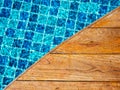 Top view of empty wooden plank table or deck floor curved shape in front of the blurred background.