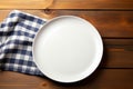 Top view of empty wooden table, tablecloth, space for creativity