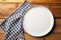 Top view of empty wooden table, tablecloth, space for creativity