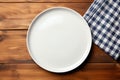 Top view of empty wooden table, tablecloth, space for creativity