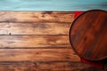 Top view of empty wooden table, tablecloth, space for creativity