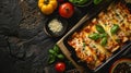 Top view enchilada dish in a baking container - corn tortillas filled with meat and vegetables, drenched in a red chili sauce,