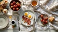 Top view of english breakfast on wooden table, natural light. Generative AI Royalty Free Stock Photo