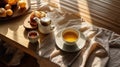 Top view of english breakfast on wooden table, natural light. Generative AI Royalty Free Stock Photo