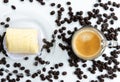 Top view of the espresso shot and soft roll cake Royalty Free Stock Photo