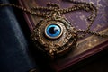 top view of an evil eye amulet resting on an old handwritten book Royalty Free Stock Photo