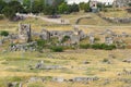 Top view of the excavation site in ruined ancient city of Hierapolis. The remains of destroyed buildings and columns