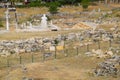 Top view of the excavation site in ruined ancient city of Hierapolis. The remains of destroyed buildings and columns