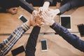 Top view executive business people group team happy showing teamwork and joining hands or giving five after meeting partner busine Royalty Free Stock Photo