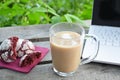 Top view of female using her laptop at a cafe. Overhead shot of young woman sitting at a table with a cup of coffee and mobile pho Royalty Free Stock Photo