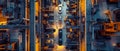 Top view of factory digitalization concept: automating robot arms, creating high-tech electric vehicles and analyzing AI