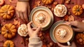 Top view of fall shaped pumpkin spice cakes and hands holding latte. Generative AI Royalty Free Stock Photo