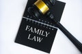 Top view of family law text on black notepad with gavel on white background. Family law concept. Royalty Free Stock Photo