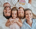 Top view, family and portrait in bedroom home, bonding or having fun. Love, care and happy kids or girls, mother and Royalty Free Stock Photo