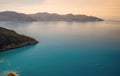 Top view of the famous Myrtos beach on Kefalonia island, Ionian sea, Greece. Myrtos beach with turquoise sea water on Cephalonia Royalty Free Stock Photo