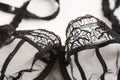 Top view fashion black lace lingerie and perfume bottle. Set of women`s accessories and underwear