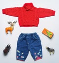 Top view fashion trendy look of baby clothes and toy stuff Royalty Free Stock Photo