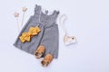 Top view fashion trendy look of baby girl clothes and toy stuff. Baby fashion concept Royalty Free Stock Photo