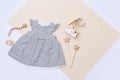 Top view fashion trendy look of baby girl clothes and toy stuff. Baby fashion concept Royalty Free Stock Photo