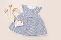 Top view fashion trendy look of baby girl clothes and toy stuff. Baby fashion concept Royalty Free Stock Photo