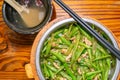 fast food of green beans and pork with rice and soup at horizontal composition Royalty Free Stock Photo