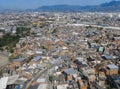 Top view of a favela slum and its buildings, houses. Rio de Janeiro, Brazil.