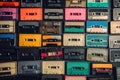 Top View Featuring A Nostalgically Arranged Collection Of Neatly Aligned Retro Vintage Audio Cassette Tapes - Generative AI