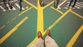 Top view, Feet of man wearing casual brown leather shoes and light khaki color pants