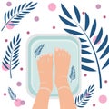 Top view of female feet in bath for cleansing. Spa procedure, pedicure. Nice atmosphere with plant leaves. Vector illustration