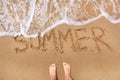 Top view of female feet standing on the beach sand with wave motion coming.Word summer writting on the sand.Summer travel and