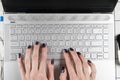 Top view female hand using computer keyboard. Hand typing on desktop office computer keyboard. Woman using laptop. Business lady Royalty Free Stock Photo