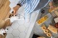 Happy woman placing healthy food into pp boxes admiring cute jack russell terrier playing at kitchen Royalty Free Stock Photo