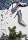 Top view female stylish accessories fashion outfit: blue cloth, shoes earrings necklace silver ribbon branches fir tree on white Royalty Free Stock Photo