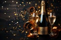 Top view of festive background party streamers, confetti with golden champagne bottle. December Holidays concept with copy space. Royalty Free Stock Photo