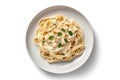 Top View Fettuccine Alfredo On White Round Plate On White Background. Generative AI