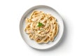 Top View Fettuccine Alfredo On White Round Plate On White Background. Generative AI