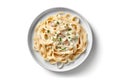 Top View Fettuccine Alfredo On White Round Plate On White Background. Generative AI
