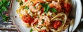 Top view of fettuccine pasta with shrimp, tomatoes, and herbs Royalty Free Stock Photo