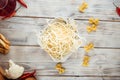 Top view on fiber smoked cheese chechil in a bowl