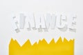 Top view of finance inscription with yellow statistic graph on white background.