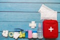 Top view first aid bag kid with medical supplies