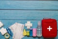 Top view first aid bag kid with medical supplies