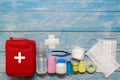 Top view first aid bag kid with medical supplies Royalty Free Stock Photo