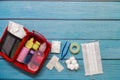Top view first aid bag kid with medical supplies