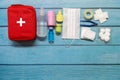 Top view first aid bag kid with medical supplies