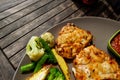 Top view Fish rice and vegetables, popular Indian dish seafood made of barracuda. fish grilled with spices Royalty Free Stock Photo