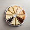 Top View Of Five Cheesecakes With Coffee On White Background